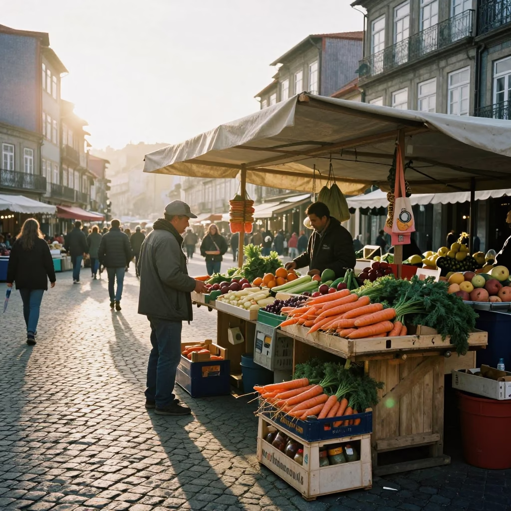 Market Stall at The Early Morning Light in Porto in in Porto, Portugal