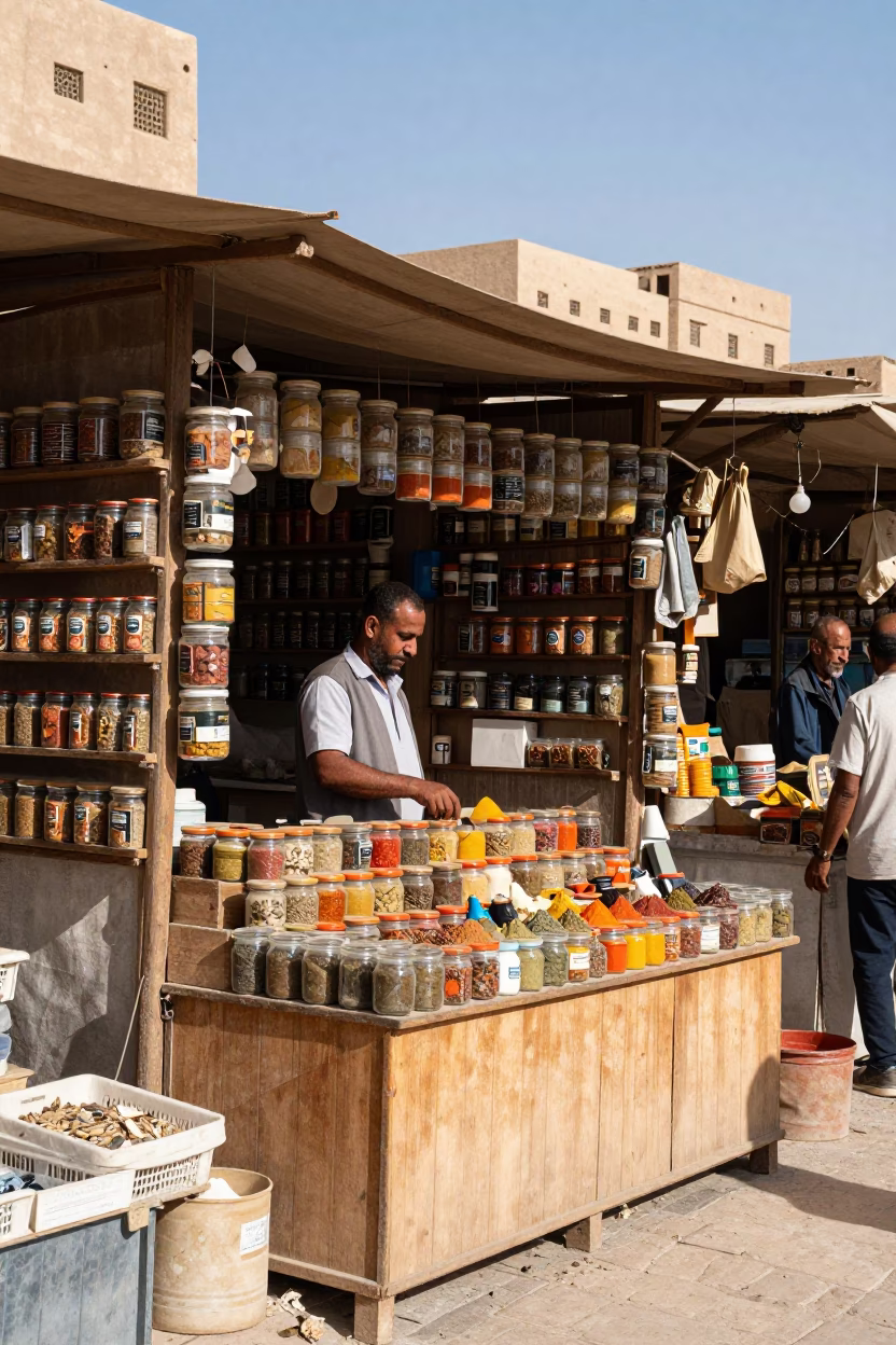 Market Stall at The Flat Glare Of Noon Light in Luxor in in Luxor, Egypt