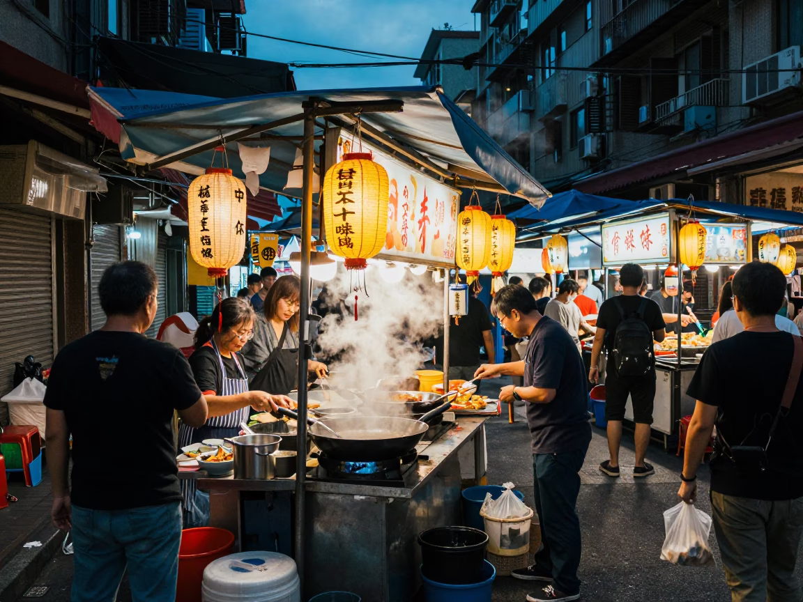 Market Stall at The Last Blue Light Of Evening in Taipei in in Taipei, Taiwan