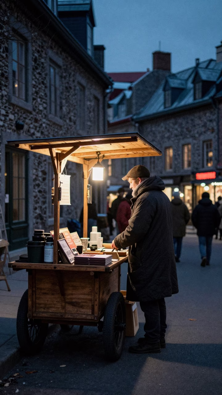 Market Stall at The Predawn Darkness Light in Quebec City in in Quebec City, Quebec, Canada