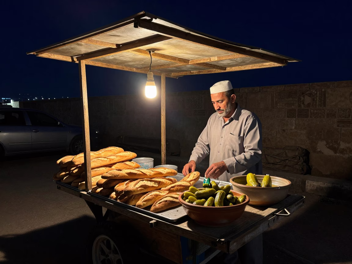 Market Stall in Alexandria at The Deepest Night Sky Light in in Alexandria, Egypt