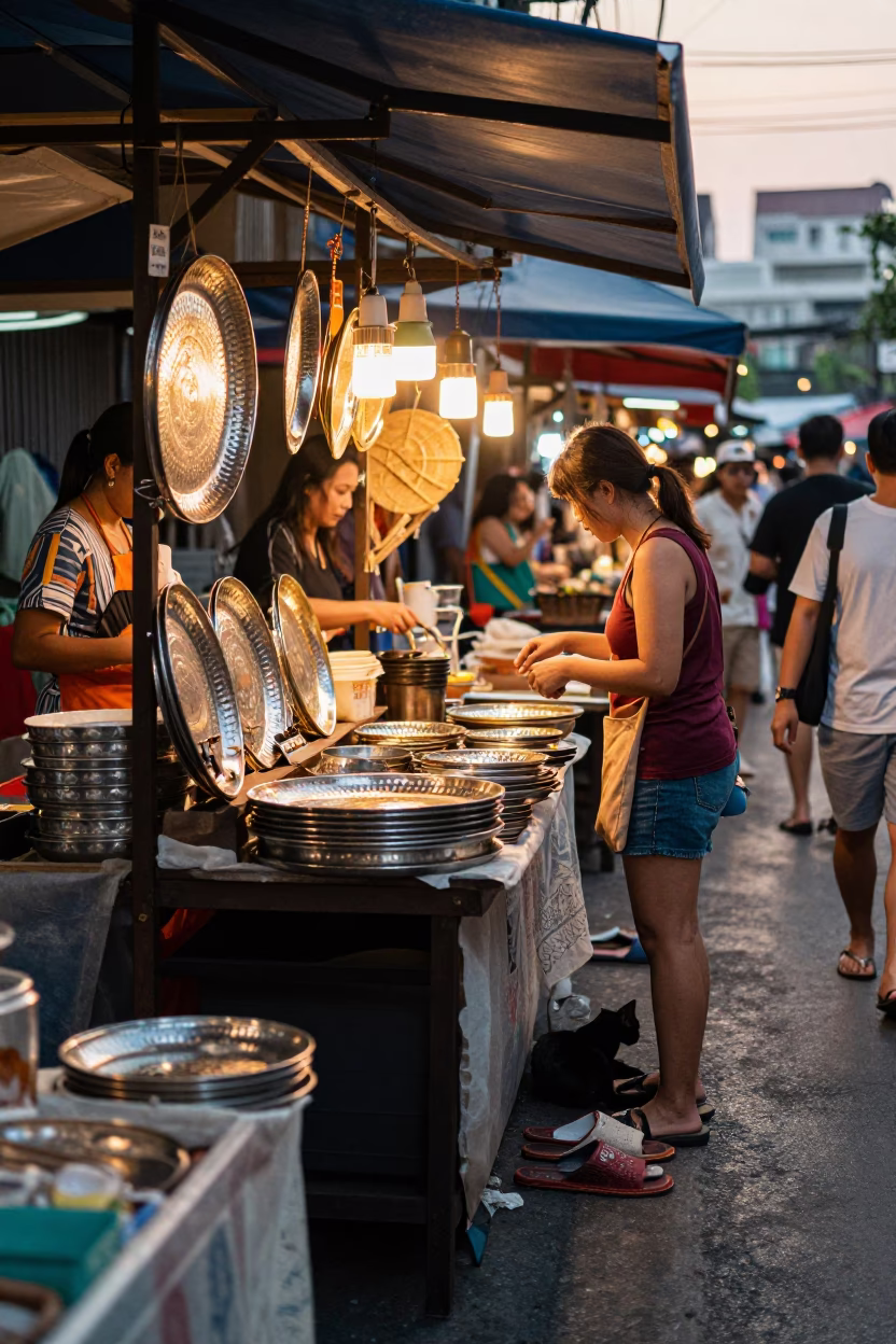 Market Stall in Bangkok at Honeyed Evening Light in in Bangkok, Thailand
