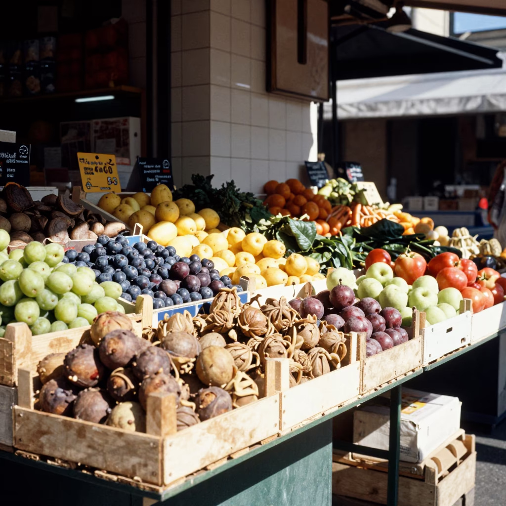 Market Stall in Barcelona at Bright Midmorning Light in in Barcelona, Spain