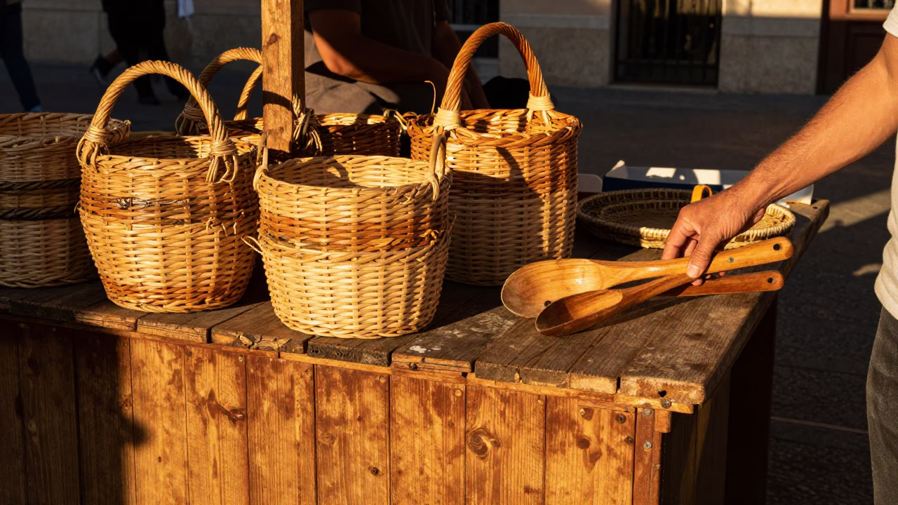 Market Stall in Barcelona at Honeyed Evening Light in in Barcelona, Spain