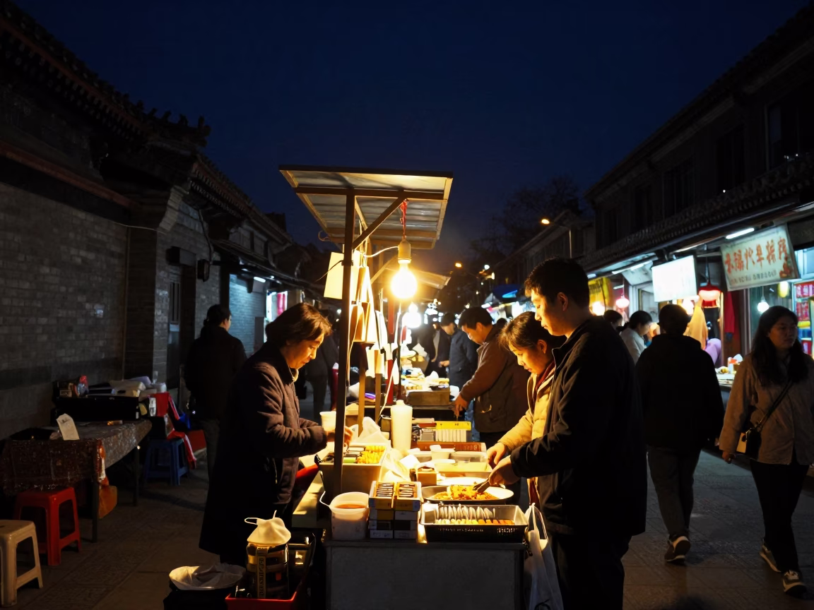 Market Stall in Beijing at The Deepest Night Sky Light in in Beijing, China