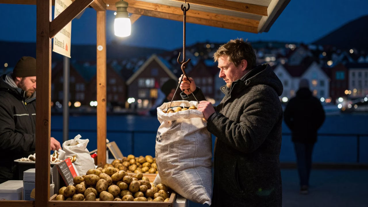 Market Stall in Bergen at The Deepest Night Sky Light in in Bergen, Norway