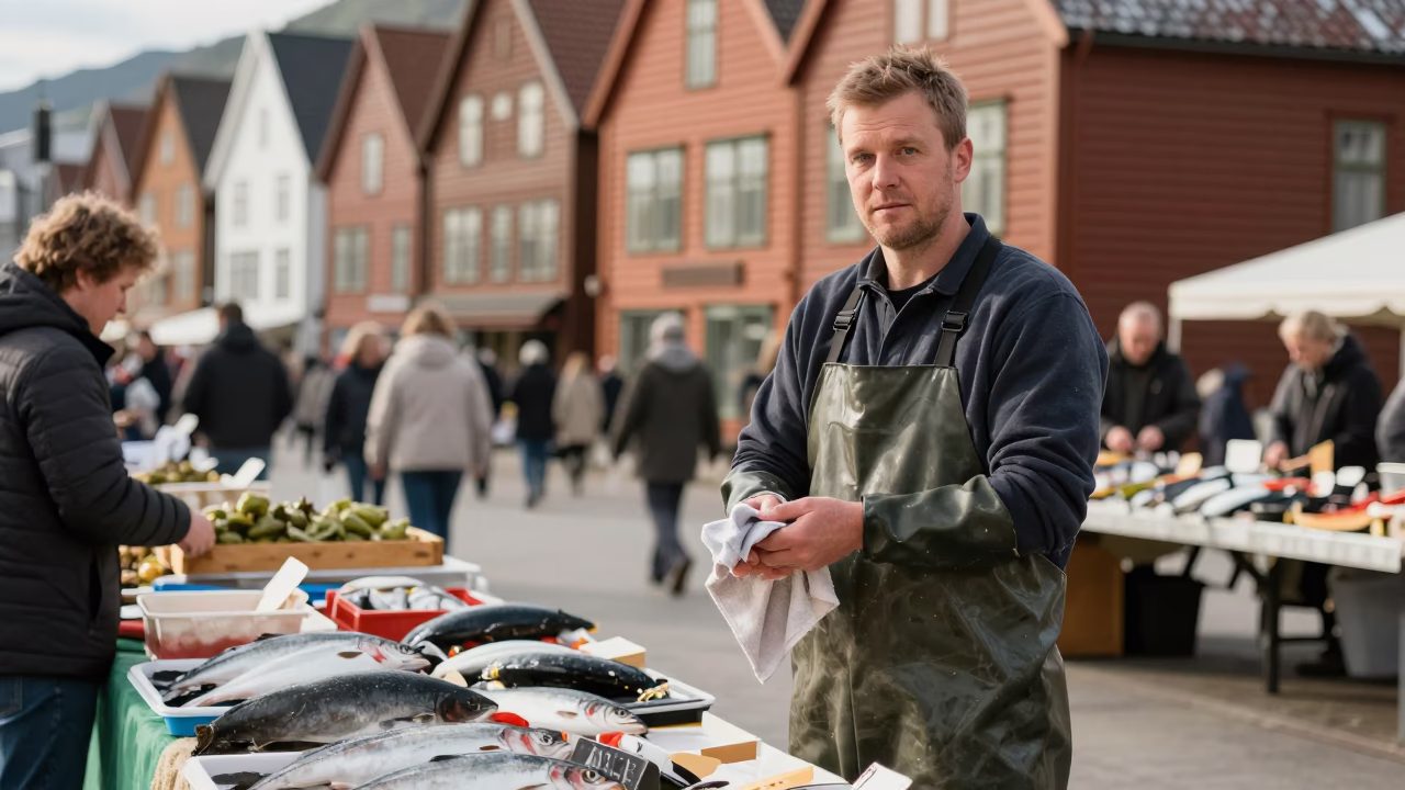 Market Stall in Bergen at The Flat Glare Of Noon Light in in Bergen, Norway