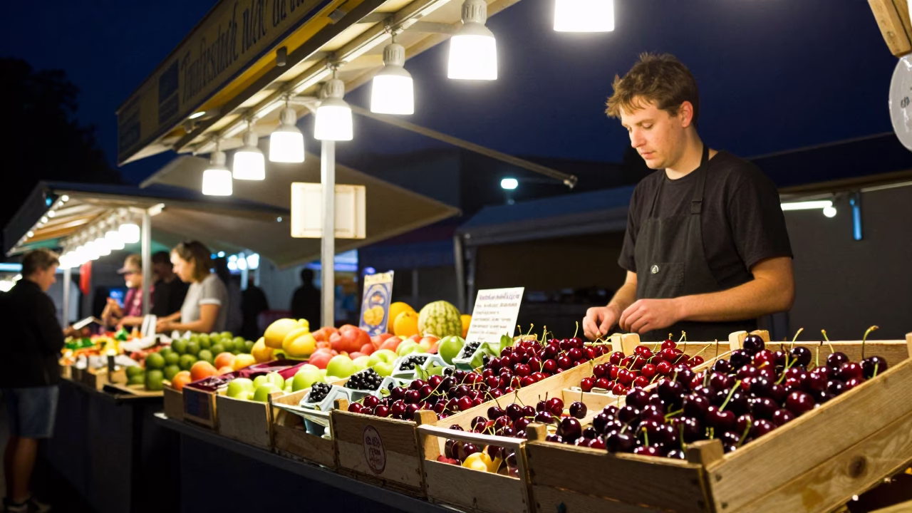 Market Stall in Berlin at The Deepest Night Sky Light in in Berlin, Germany