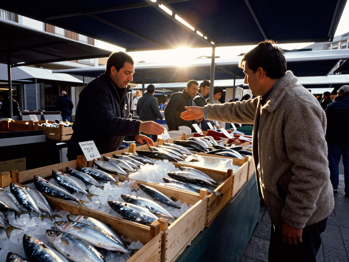 Market Stall in Bilbao at As First Light Reaches The Scene in in Bilbao, Spain