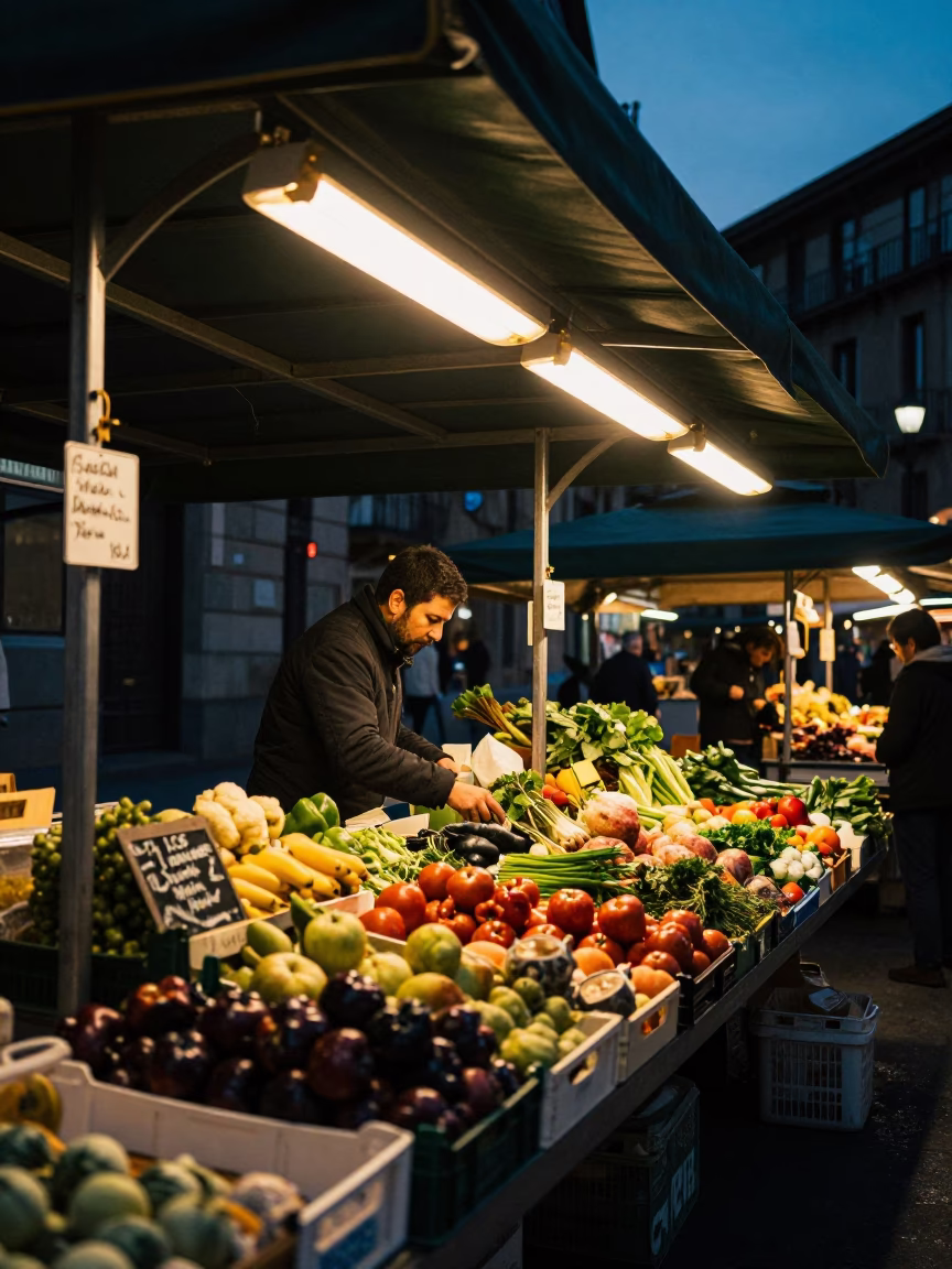 Market Stall in Bilbao at The Predawn Darkness Light in in Bilbao, Spain