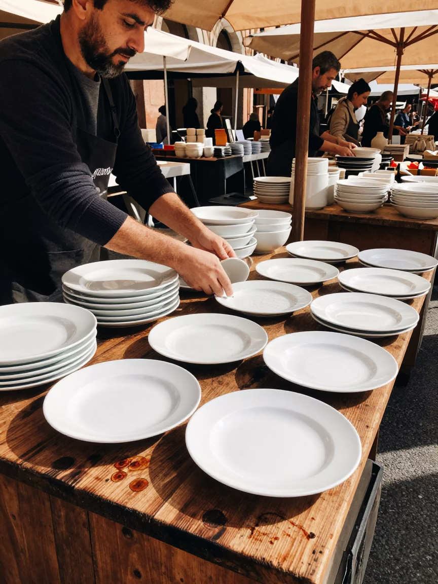 Market Stall in Bologna at Bright Midmorning Light in in Bologna, Italy