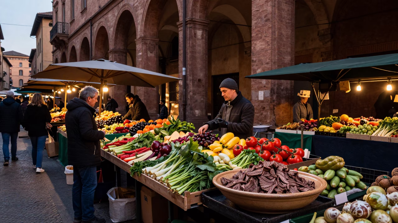 Market Stall in Bologna at The Still Hours Before Dawn Light in in Bologna, Italy