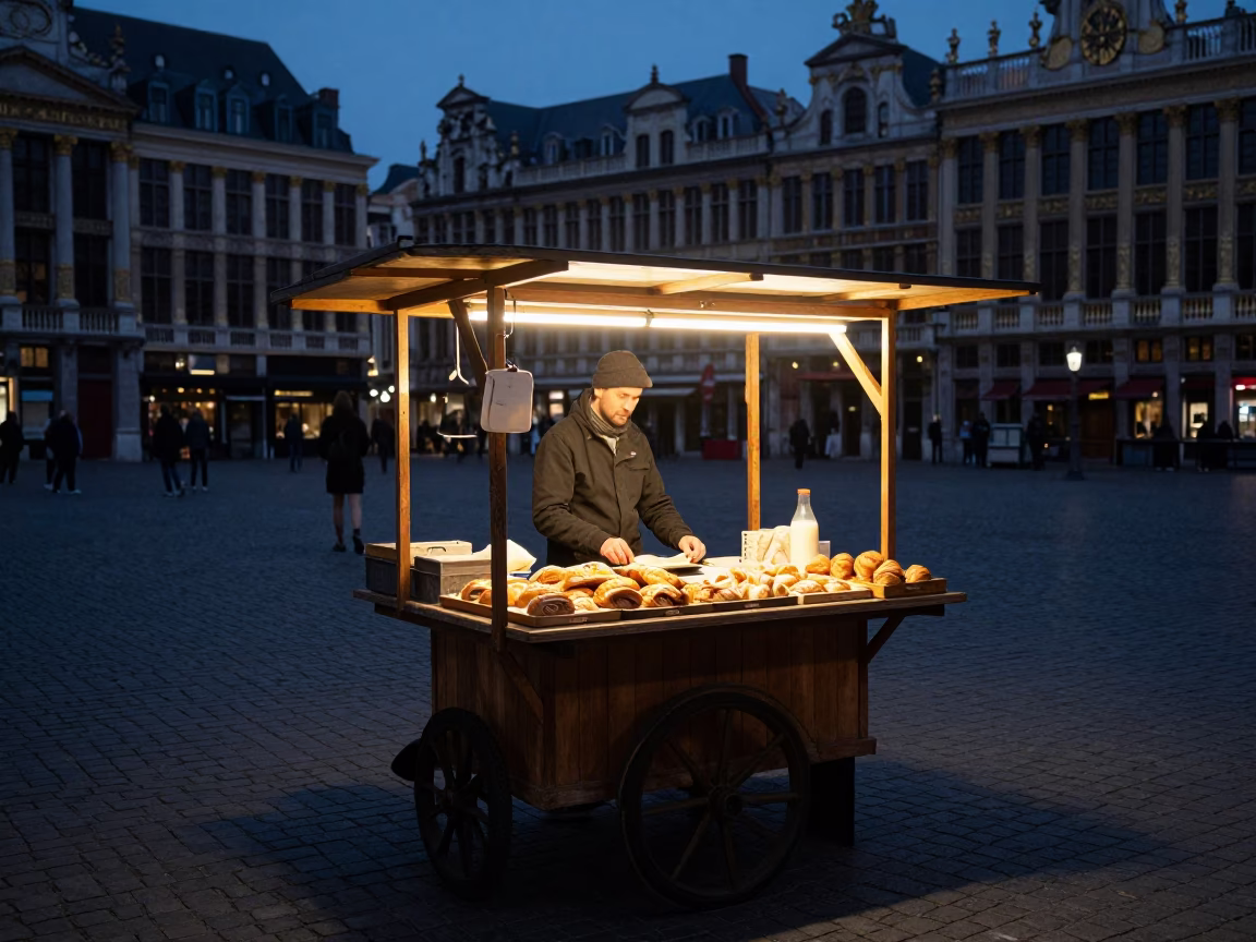 Market Stall in Brussels at The Predawn Darkness Light in in Brussels, Belgium