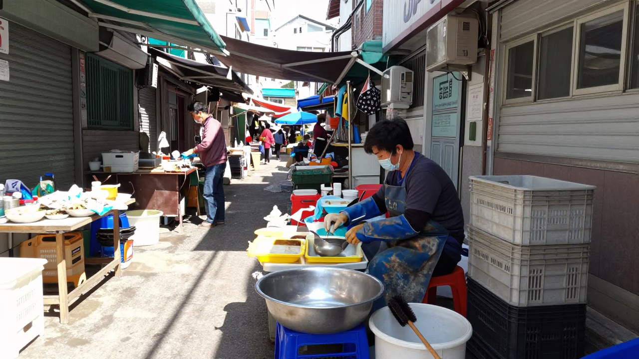 Market Stall in Busan at Bright Midmorning Light in in Busan, South Korea