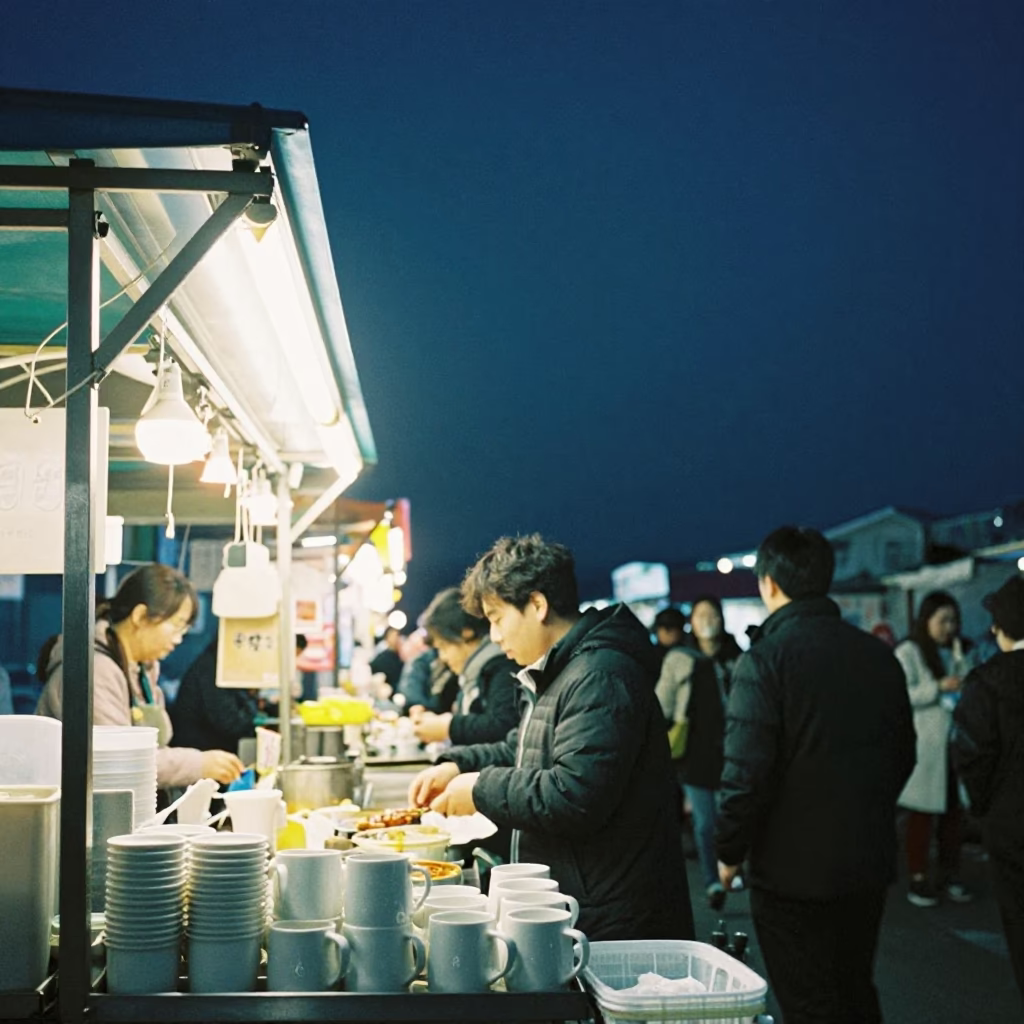 Market Stall in Busan at The Deepest Night Sky Light in in Busan, South Korea
