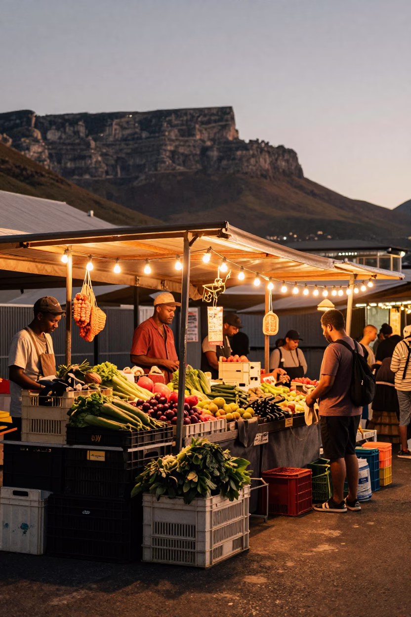 Market Stall in Cape Town at Copper-toned Light Before Dusk in in Cape Town, South Africa