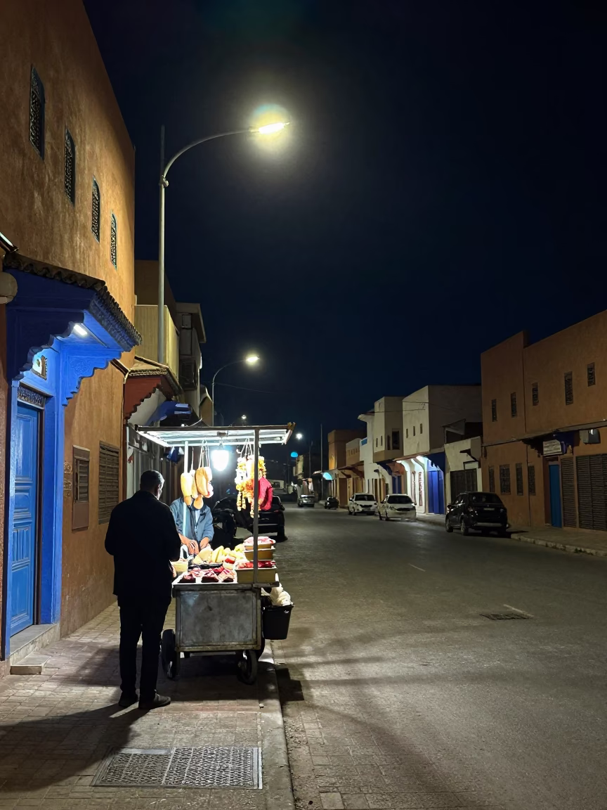 Market Stall in Casablanca at The Deepest Night Sky Light in in Casablanca, Morocco