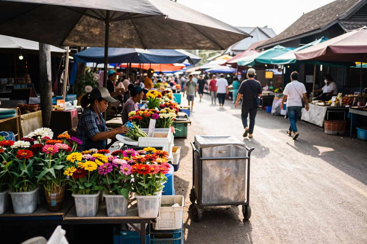 Market Stall in Chiang Mai at Bright Midmorning Light in in Chiang Mai, Thailand