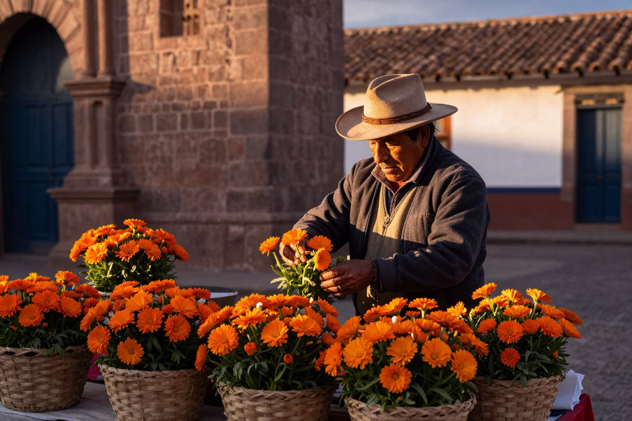 Market Stall in Cusco at Copper-toned Light Before Dusk in in Cusco, Peru
