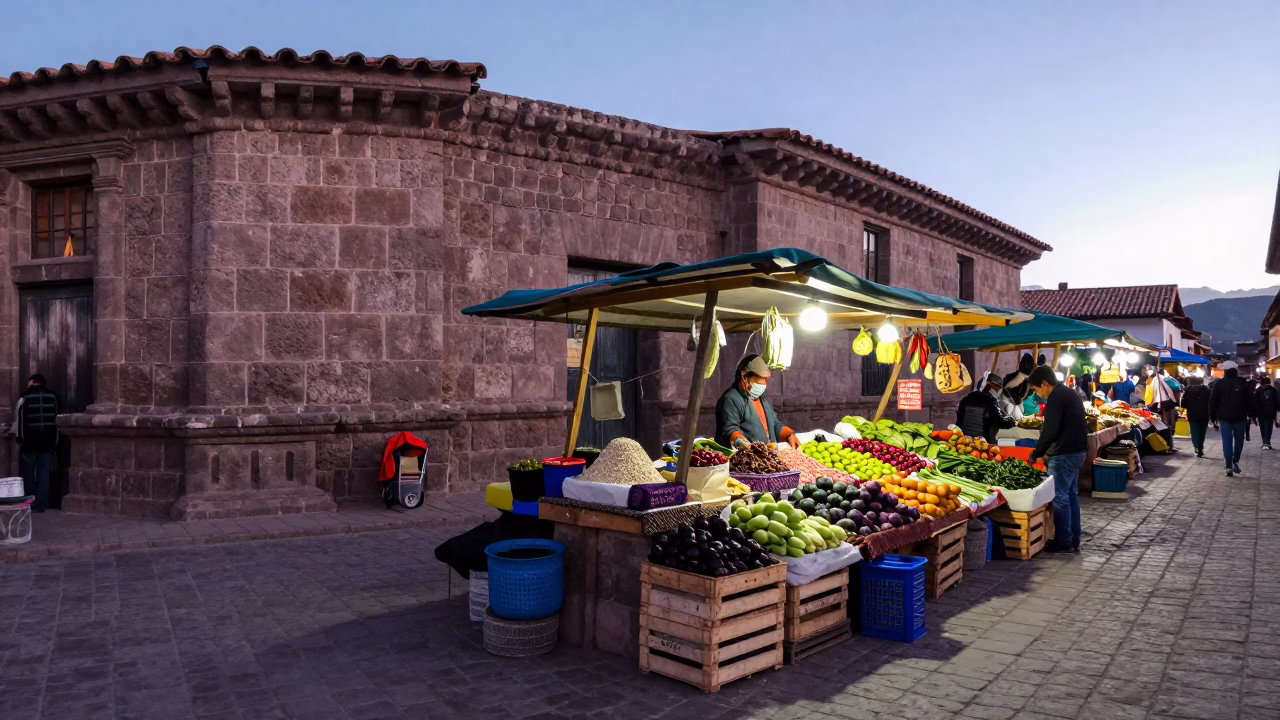 Market Stall in Cusco at Nautical Dawn Light in in Cusco, Peru