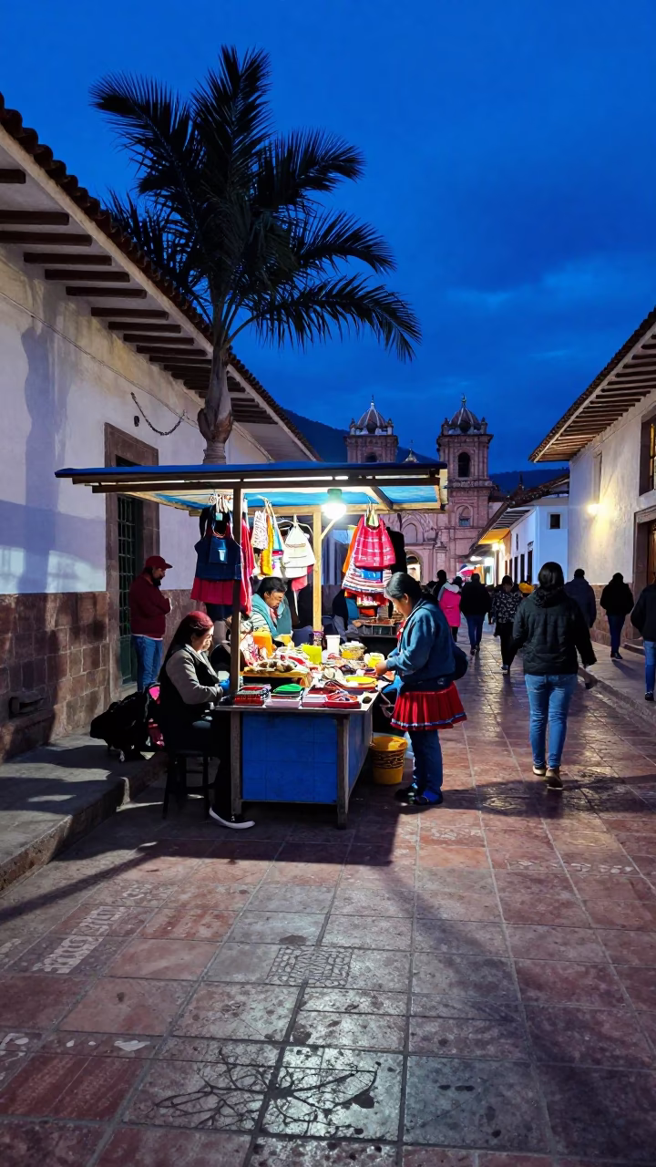 Market Stall in Cusco at The Last Blue Light Of Evening in in Cusco, Peru