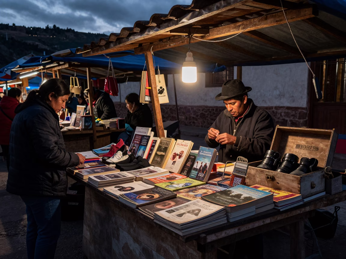 Market Stall in Cusco at The Predawn Darkness Light in in Cusco, Peru