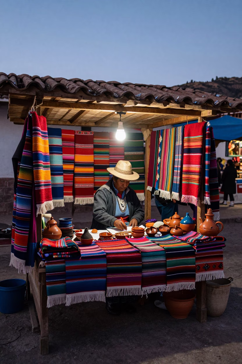 Market Stall in Cusco at The Still Hours Before Dawn Light in in Cusco, Peru