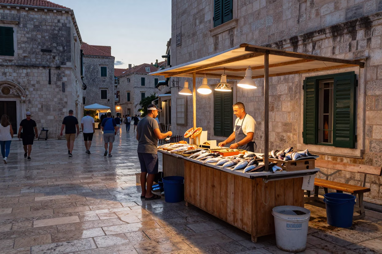 Market Stall in Dubrovnik at First Light Of Dawn in in Dubrovnik, Croatia