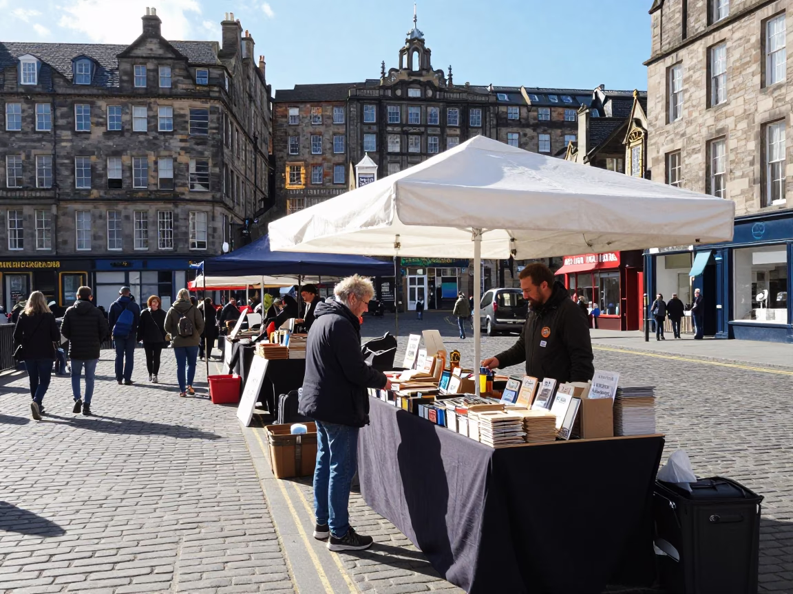 Market Stall in Edinburgh at Bright Midmorning Light in in Edinburgh, United Kingdom