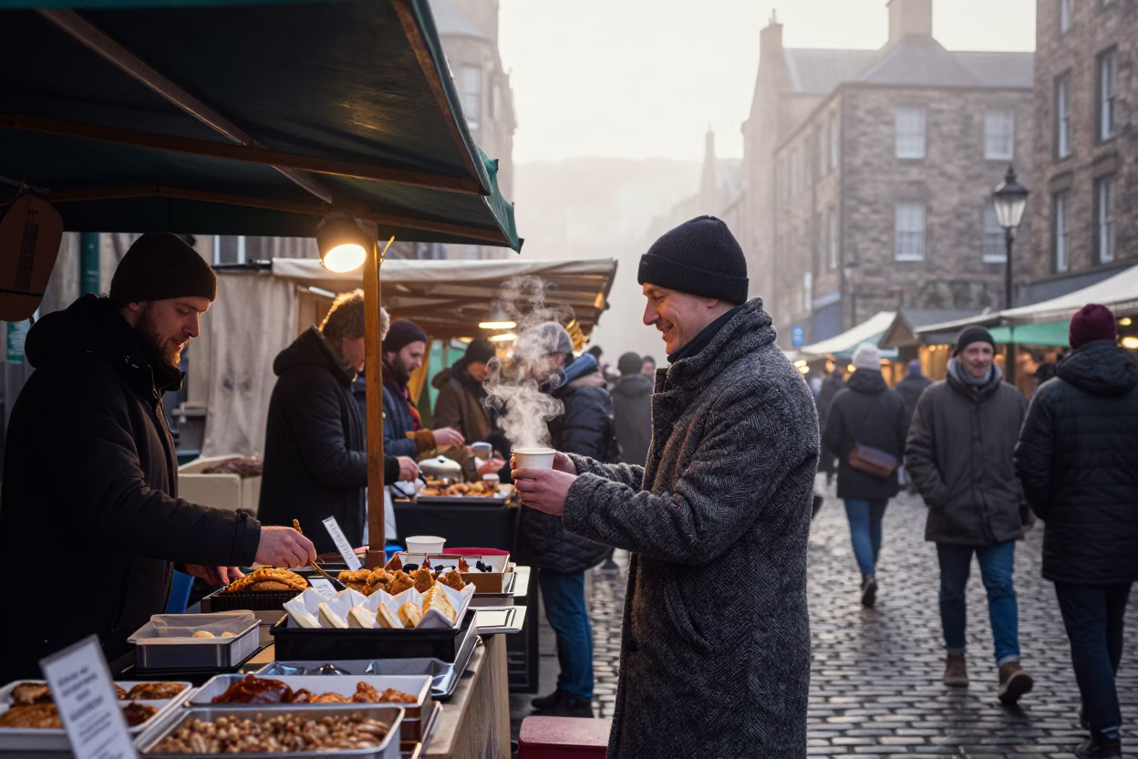 Market Stall in Edinburgh at Dawn Light in in Edinburgh, United Kingdom