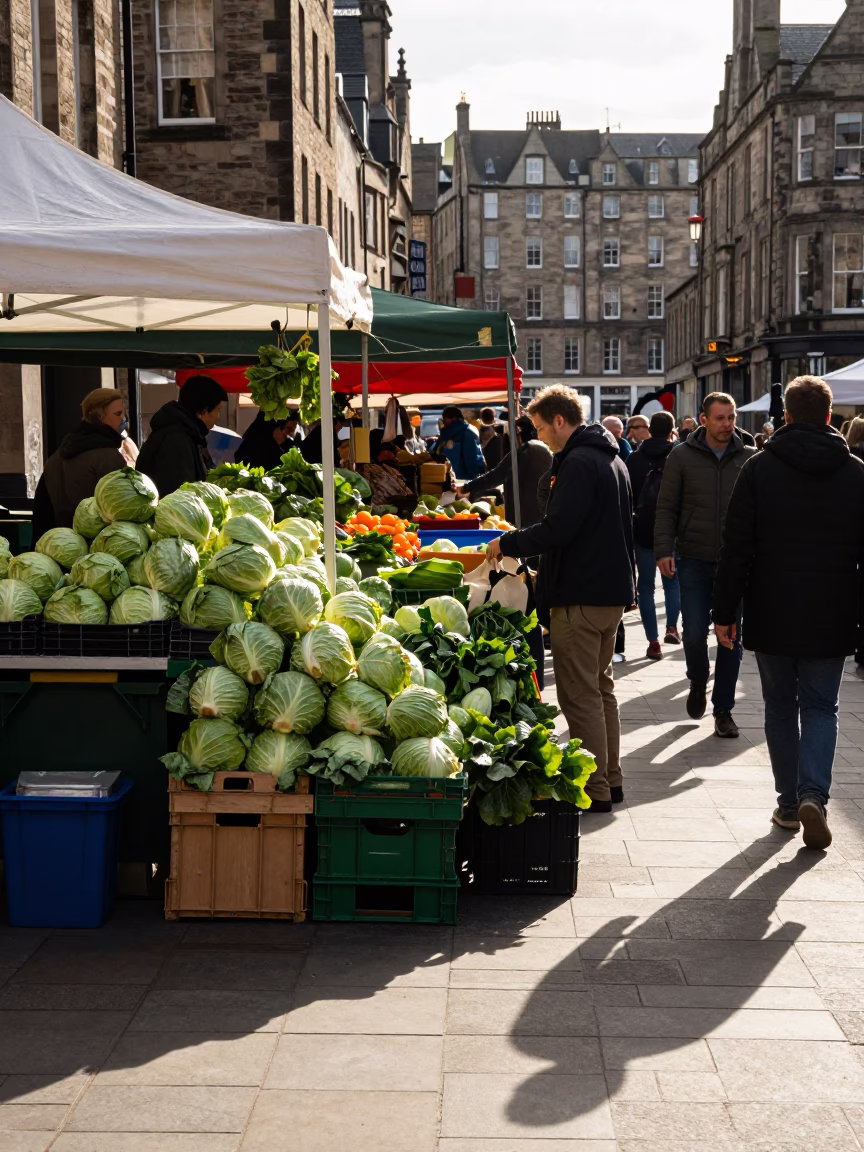 Market Stall in Edinburgh at The Late Morning Light in in Edinburgh, United Kingdom
