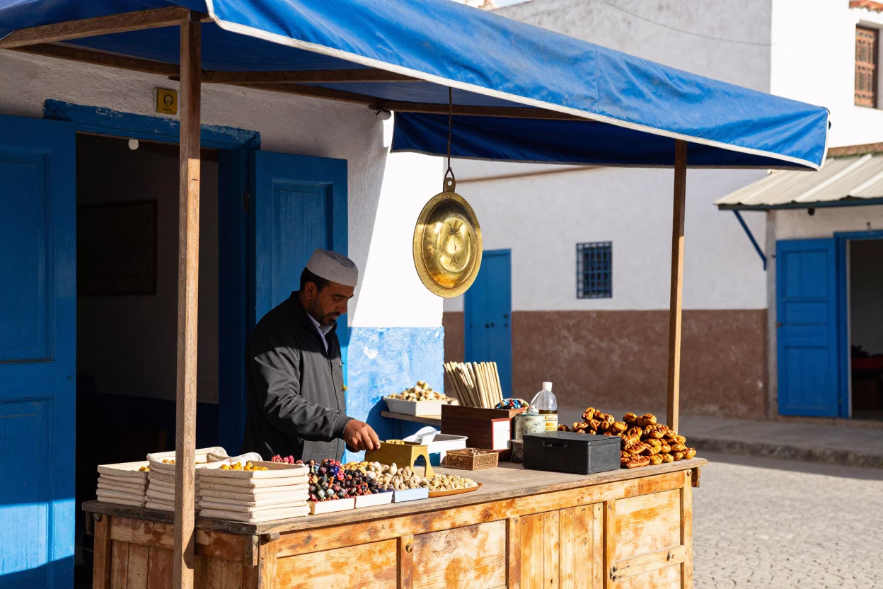 Market Stall in Essaouira at Bright Midmorning Light in in Essaouira, Morocco