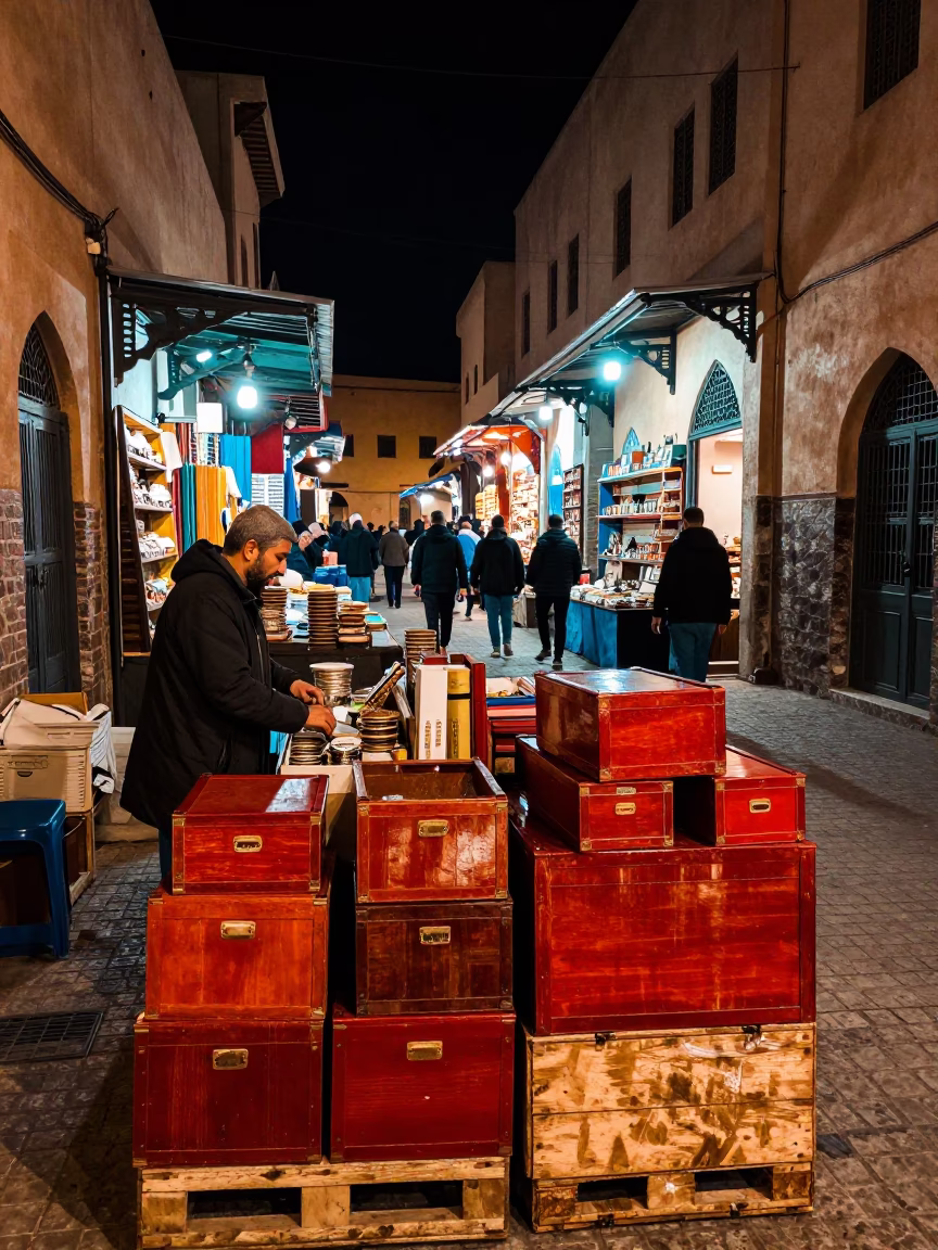 Market Stall in Fez at Deep In The Night Light in in Fez, Morocco