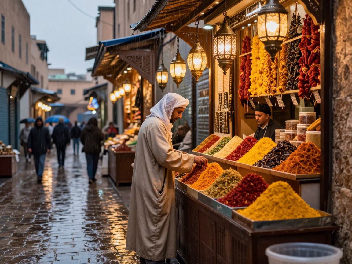 Market Stall in Fez at Dusk Light in in Fez, Morocco