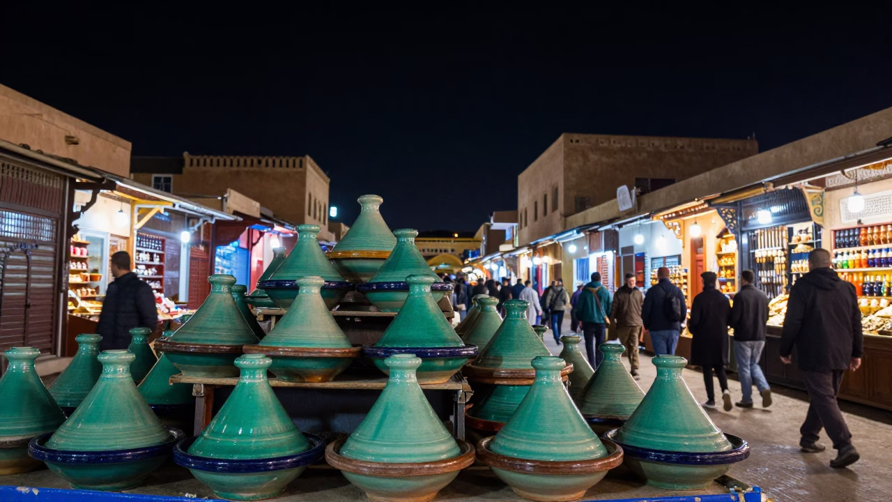 Market Stall in Fez at The Deepest Night Sky Light in in Fez, Morocco