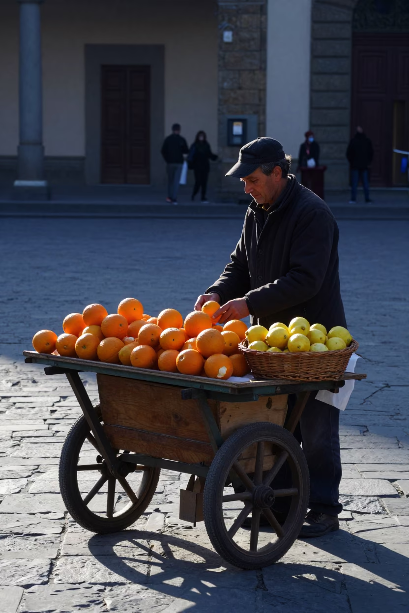 Market Stall in Florence at Sunrise Light in in Florence, Italy