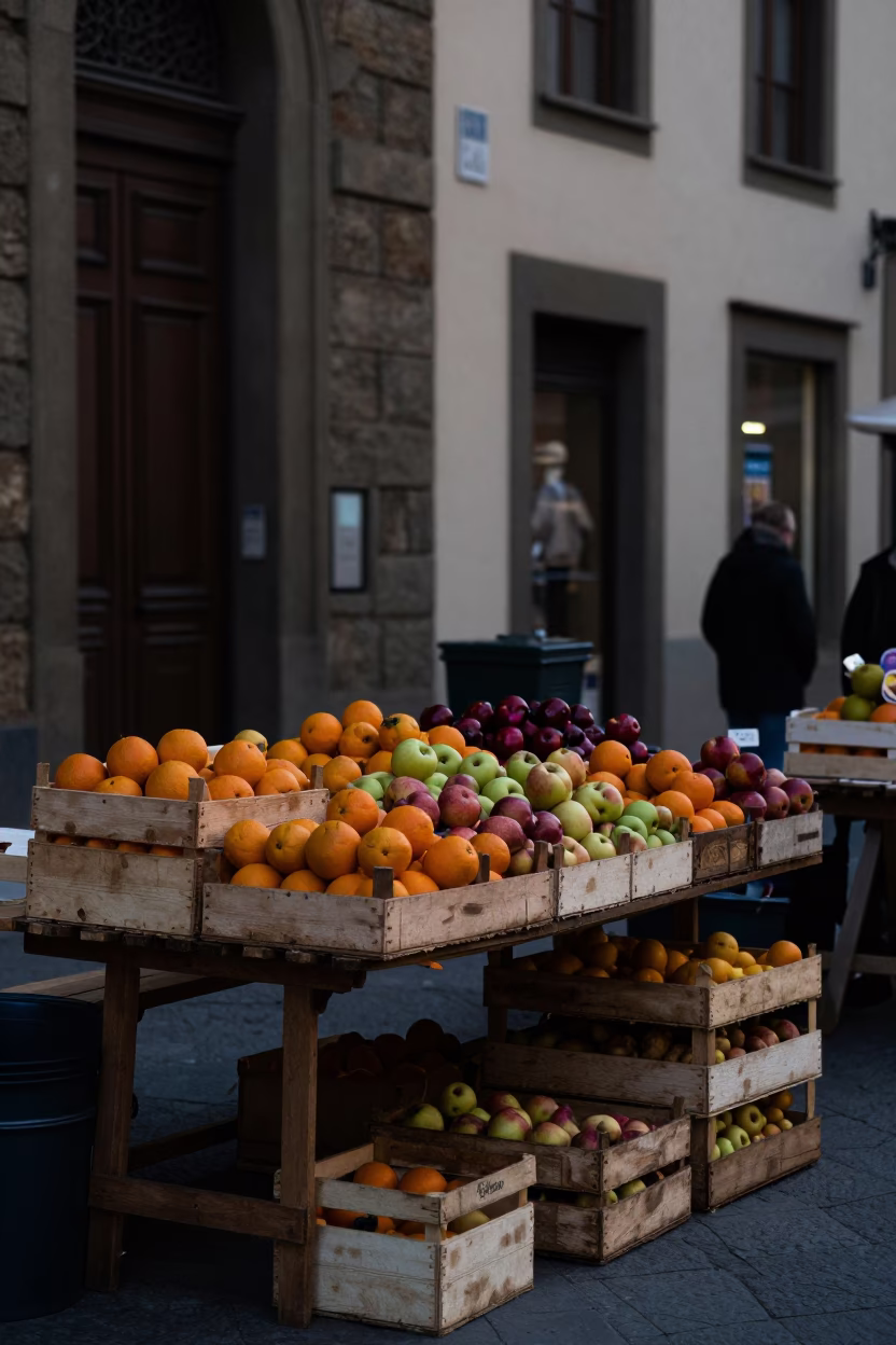 Market Stall in Florence at The Still Hours Before Dawn Light in in Florence, Italy
