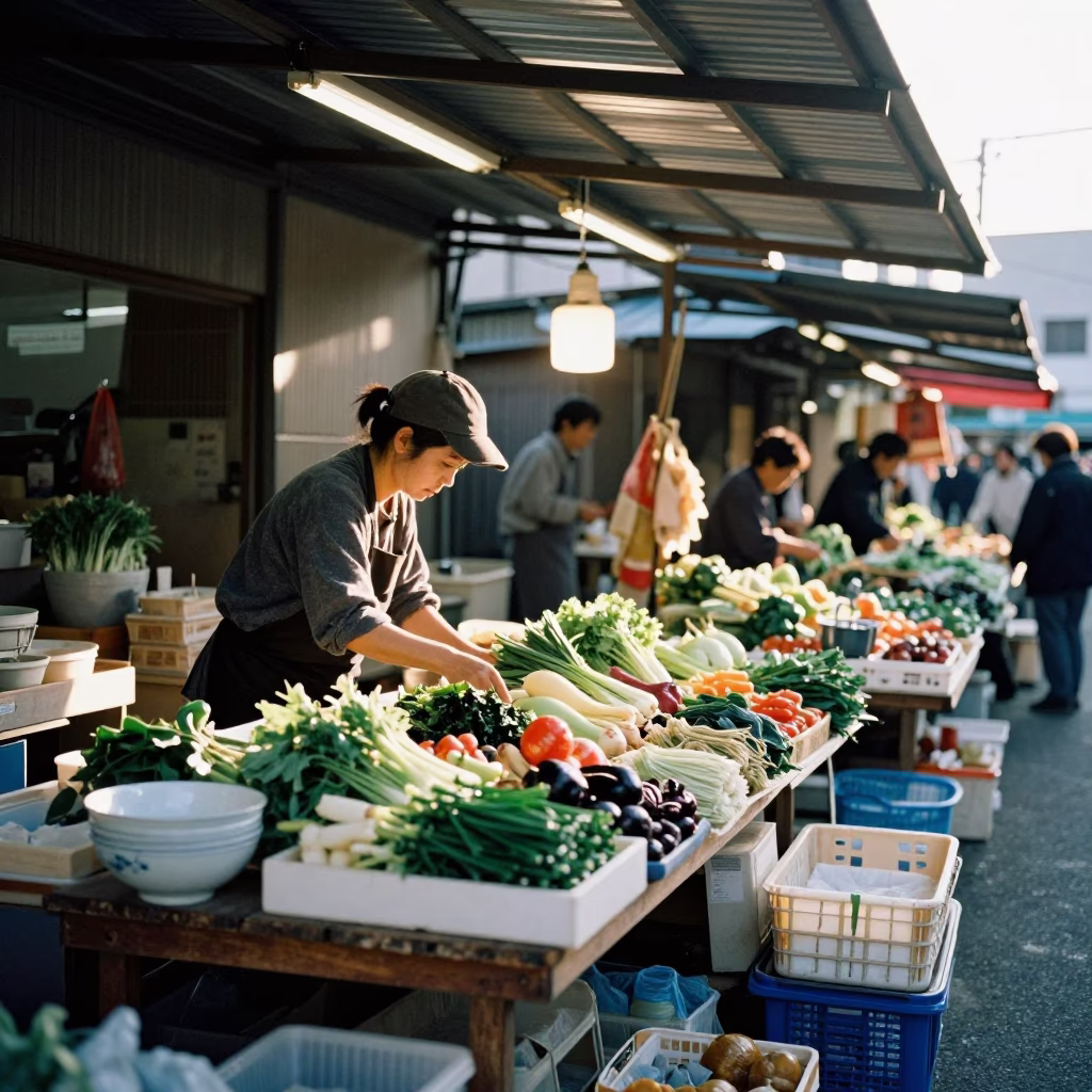 Market Stall in Fukuoka at As First Light Reaches The Scene in in Fukuoka, Japan