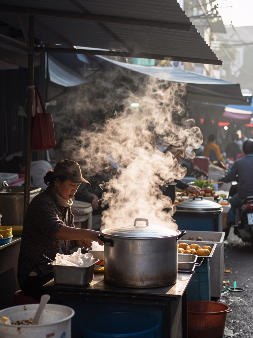 Market Stall in Hanoi at As First Light Reaches The Scene in in Hanoi, Vietnam