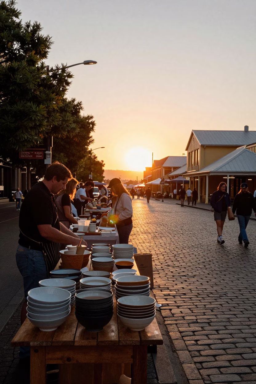 Market Stall in Hobart at As The Sun Drops Toward The Horizon in in Hobart, Tasmania, Australia