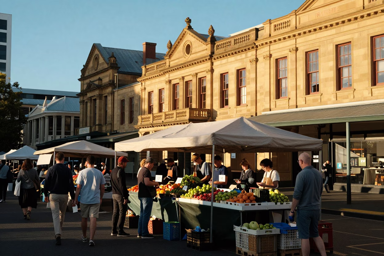 Market Stall in Hobart at Clear Late-afternoon Light in in Hobart, Tasmania, Australia
