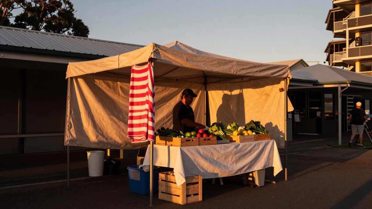 Market Stall in Hobart at Copper-toned Light Before Dusk in in Hobart, Tasmania, Australia