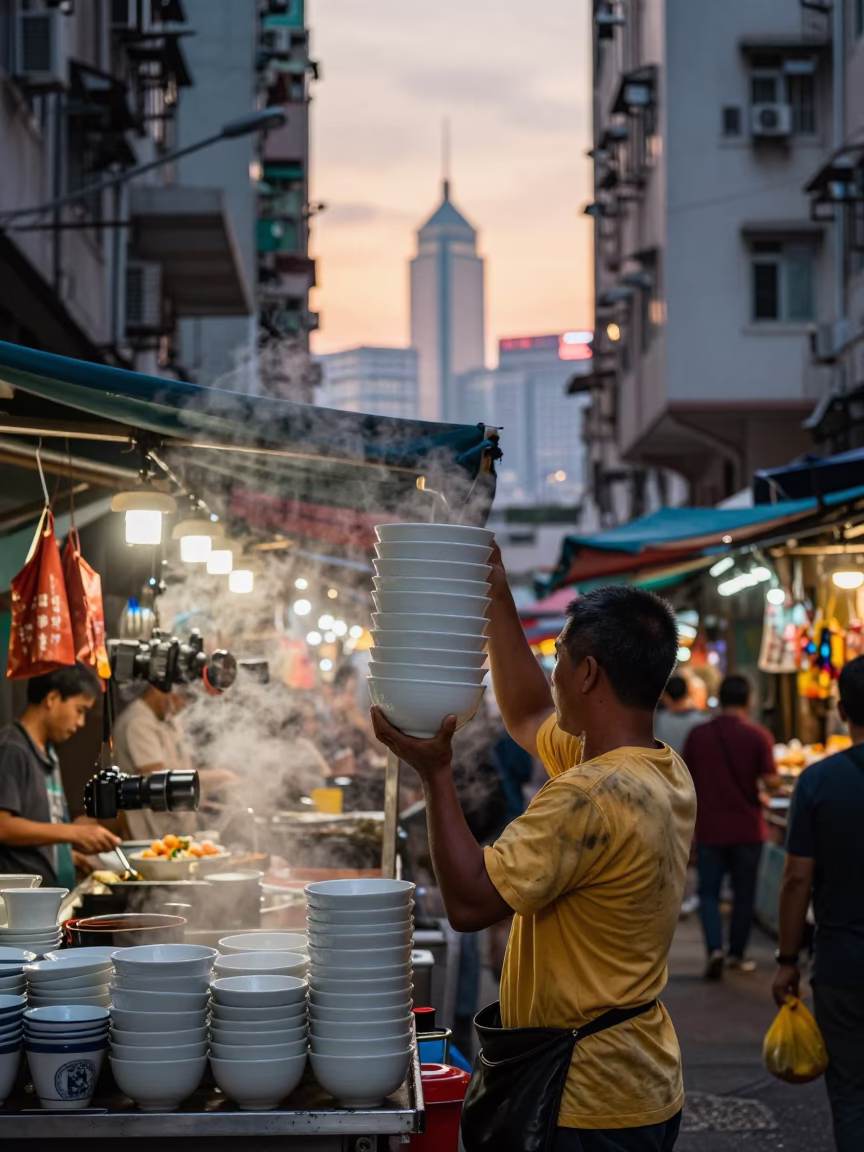 Market Stall in Hong Kong at Nautical Dawn Light in in Hong Kong, Hong Kong