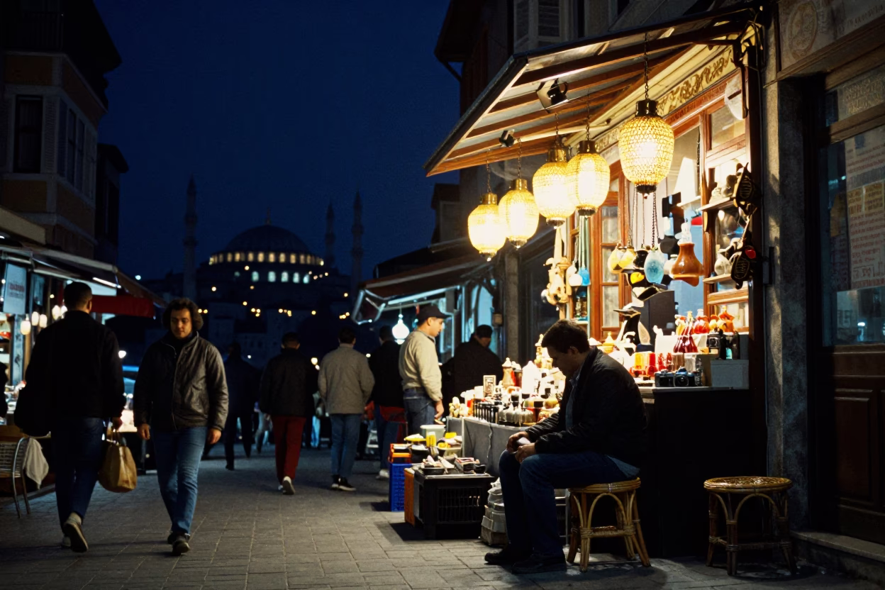 Market Stall in Istanbul at The Deepest Night Sky Light in in Istanbul, Turkey