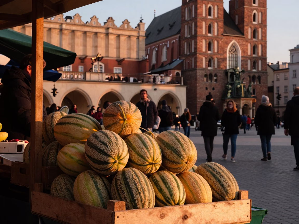 Market Stall in Krakow at Copper-toned Light Before Dusk in in Krakow, Poland