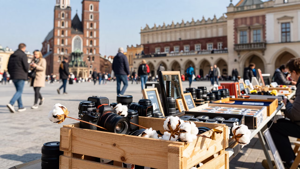 Market Stall in Krakow at The Flat Glare Of Noon Light in in Krakow, Poland