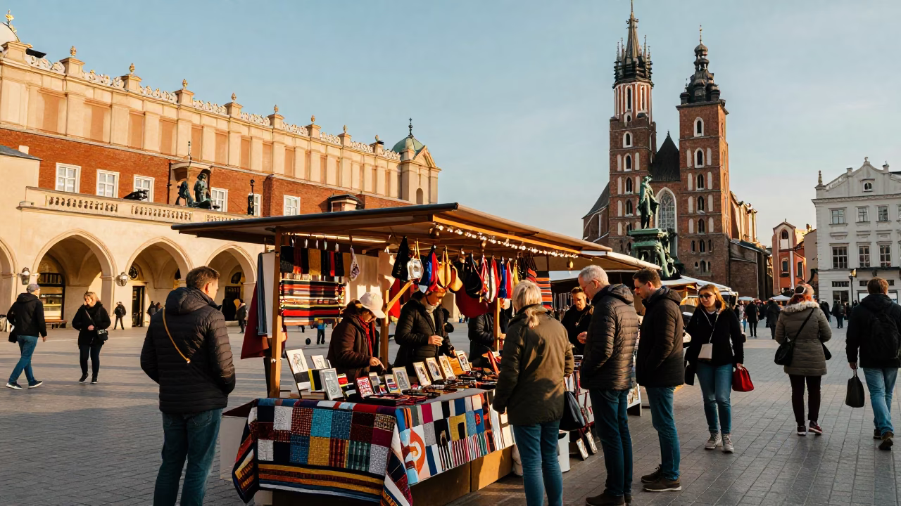 Market Stall in Krakow at The Late Afternoon Light in in Krakow, Poland
