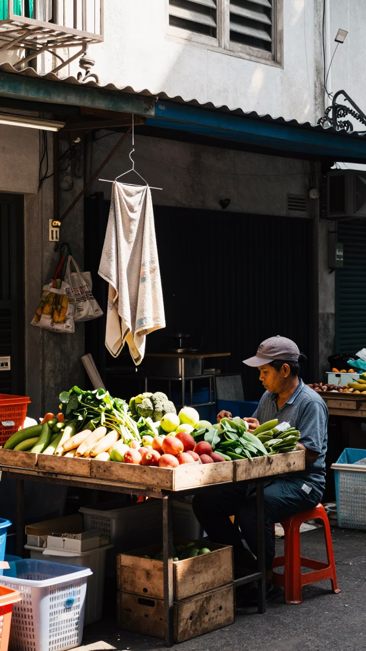 Market Stall in Kuala Lumpur at Bright Midmorning Light in in Kuala Lumpur, Malaysia