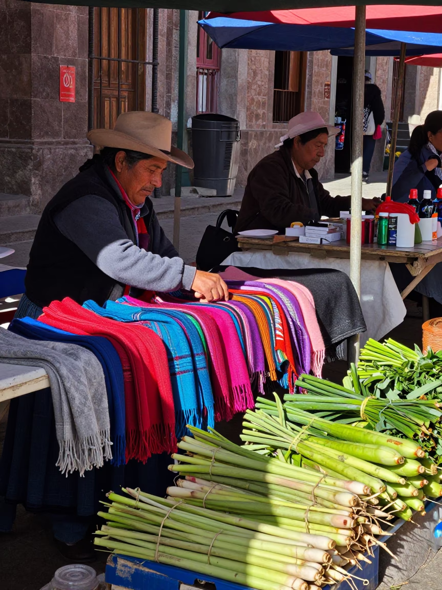 Market Stall in La Paz at Bright Midmorning Light in in La Paz, Bolivia