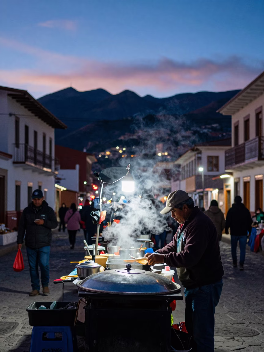 Market Stall in La Paz at Indigo Twilight After Sunset in in La Paz, Bolivia